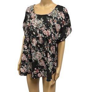 Live 4 Truth Black Floral Print Babydoll Blouse Short Sleeve Womens Large